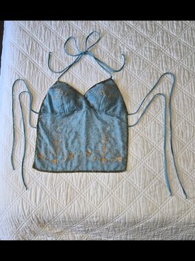 VTG Y2K Seduction Cerulean Blue with Gold Metallic Embroidery Beaded Halter Med